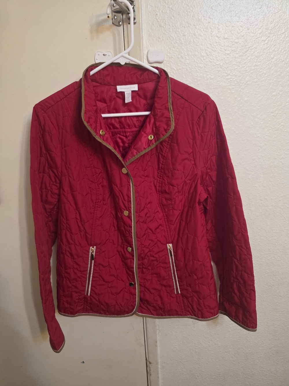 Charter Club Quilted Red Puffer Jacket with Tan Trim